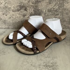 Taos SKIP Sandal Women 10 Brown Leather Flat Comfort Slip On Slide Braid Strappy